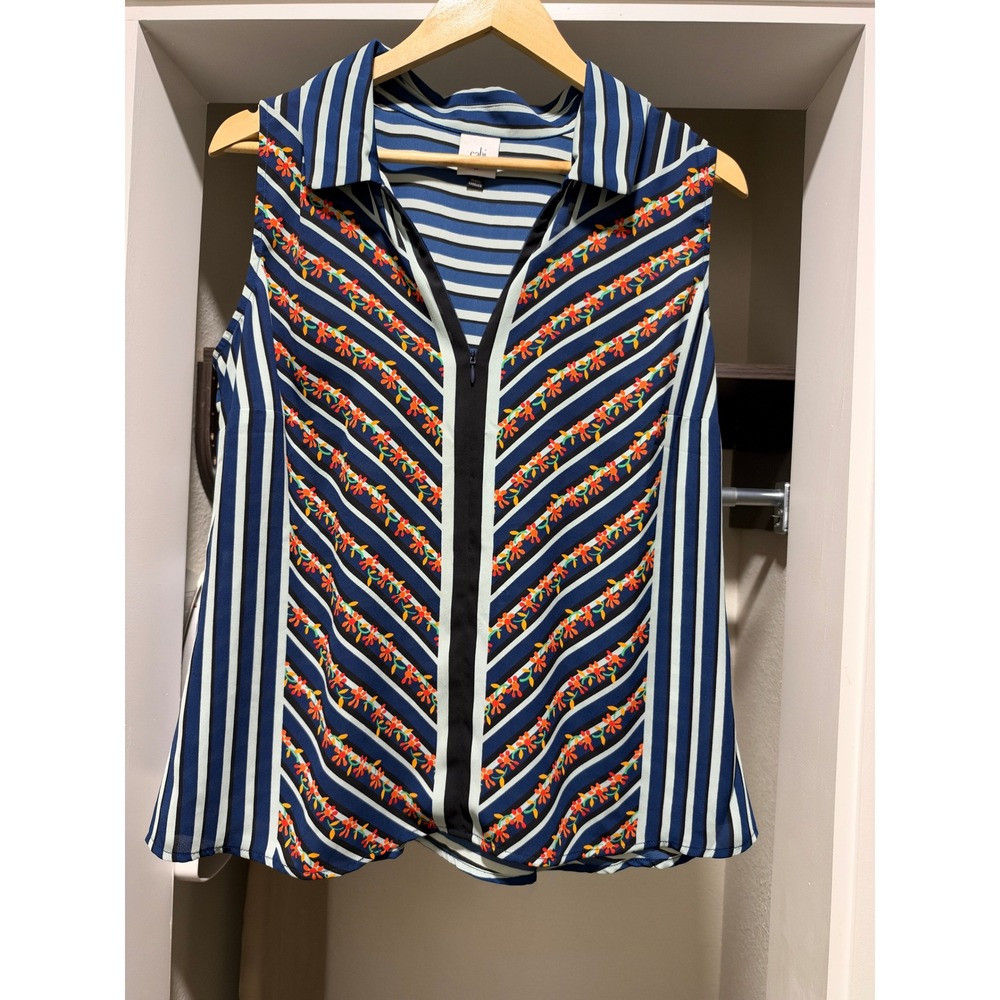 Cabi Sleeveless Striped Floral Zip Front Blouse Navy Blue 6318 Womens Medium